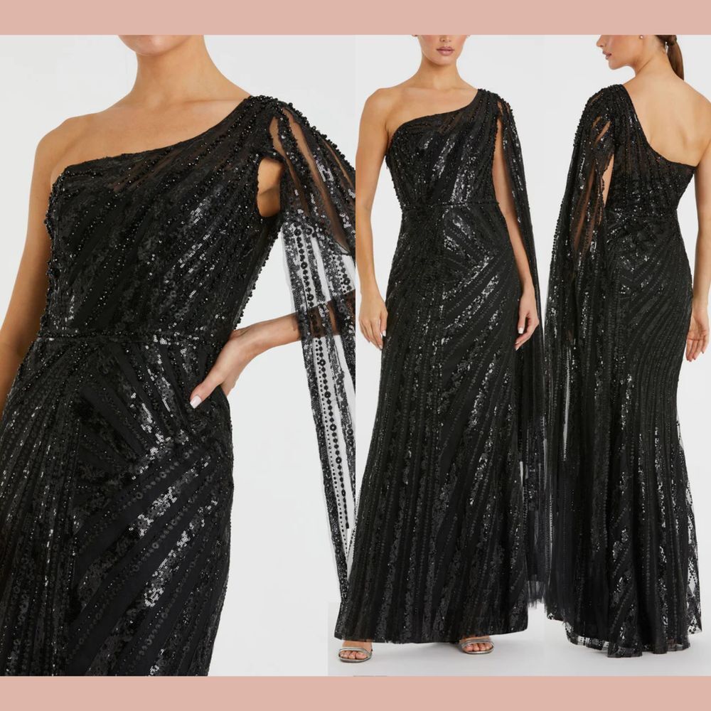 NWT Mac Duggal [ 6 ]‎ 20528 One Shoulder Cape Sleeve Embellished Gown Black